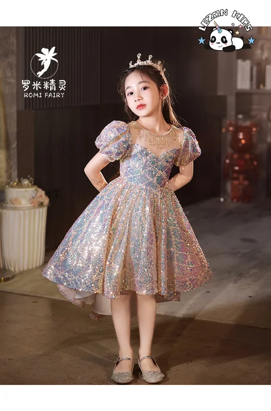 LEZONKIDS - 2024 Most Popular Short Sleeve Puff Irregular Children's Evening Princess Girl Dress